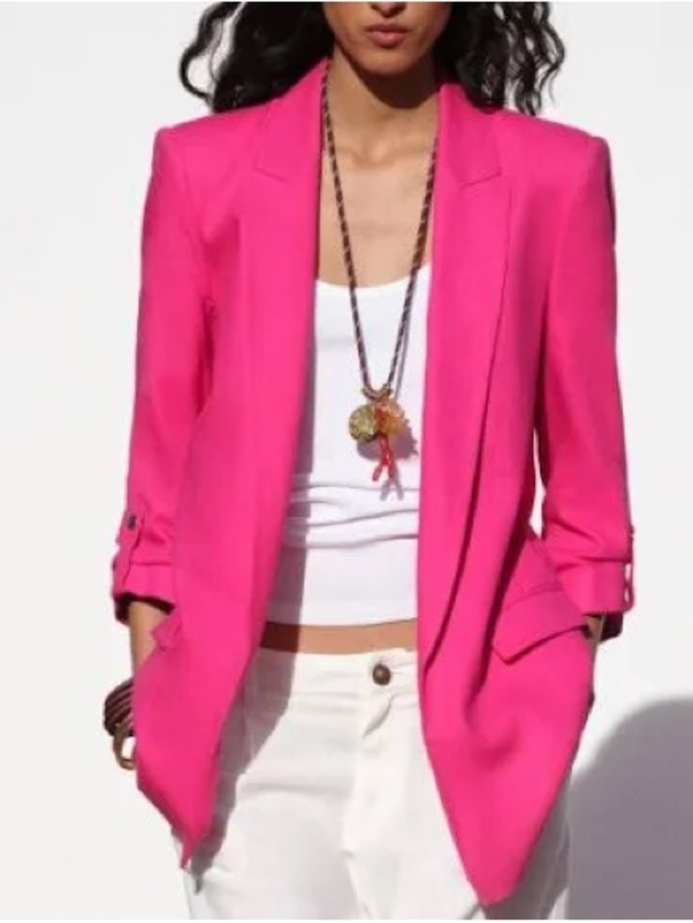 ZARA Women Fuchsia Pink Open Front Blazer with Rolled Up Sleeves NWT Size XS